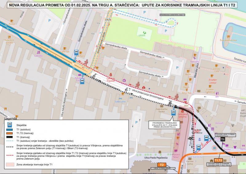 Nova regulacija prometa na Trgu A. Starčevića: Upute za putnike tramvajskih linija T1 i T2